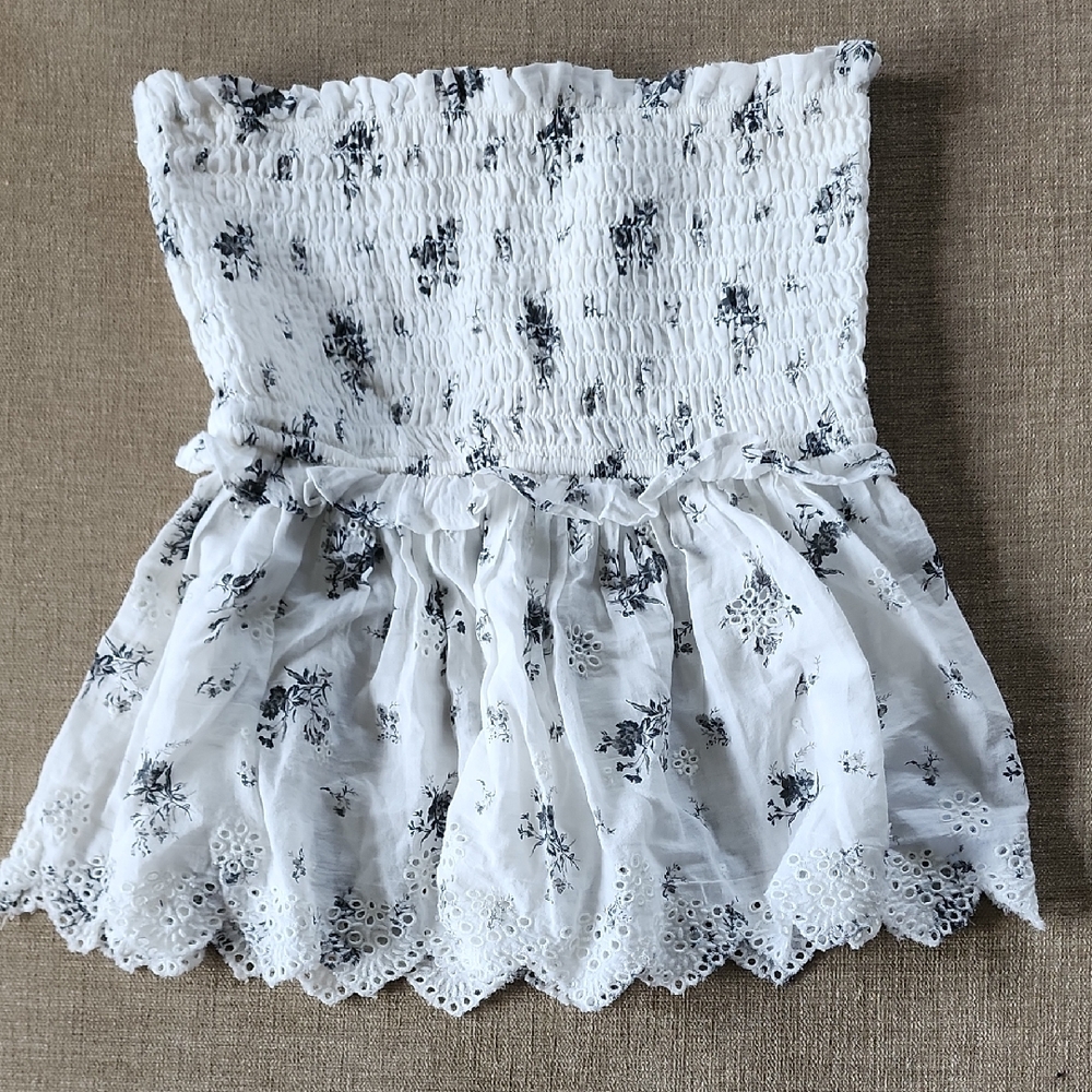 American Eagle Outfitters White Strapless Smocked Floral Eyelet Top